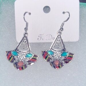 Boho Silver Tone Multiple Stone Drop statement earrings